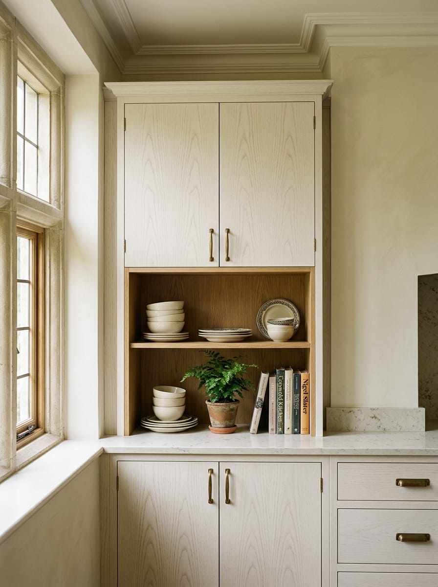 Pale wood kitchen unit with brass handles and open shelf displaying crockery and books