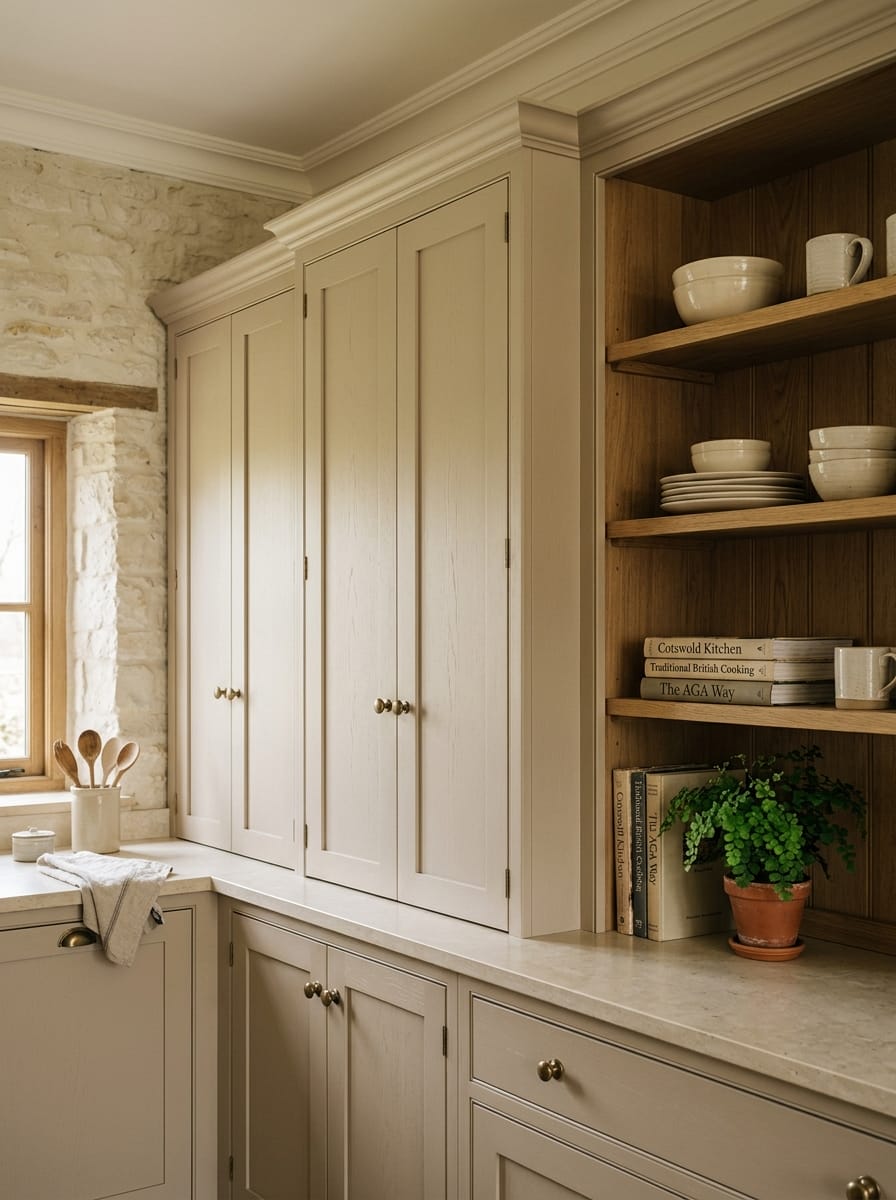 portrait1_600x800-53 cream shaker cupboards with brass knobs and open wooden shelving with crockery