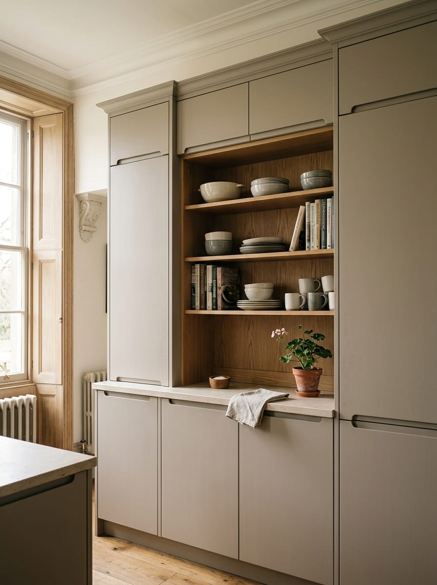 taupe kitchen units with open wooden shelving displaying crockery and books