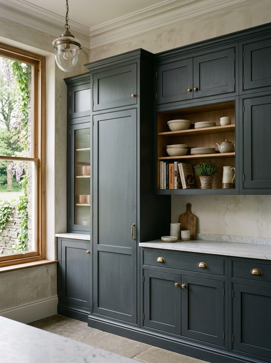 dark blue shaker cupboards with brass handles and open wooden shelving