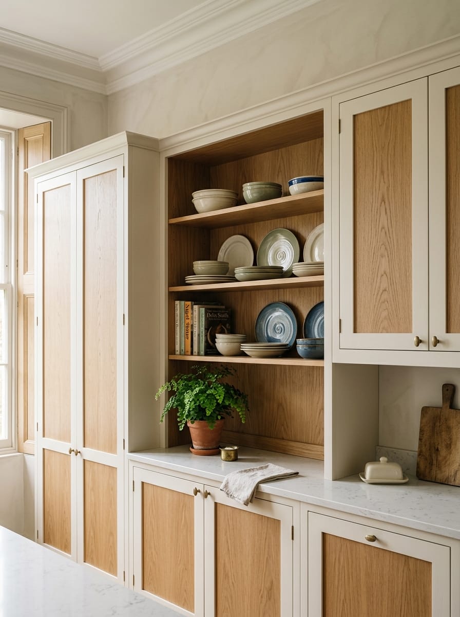 light wood and cream cupboards with open shelving displaying ceramics and books