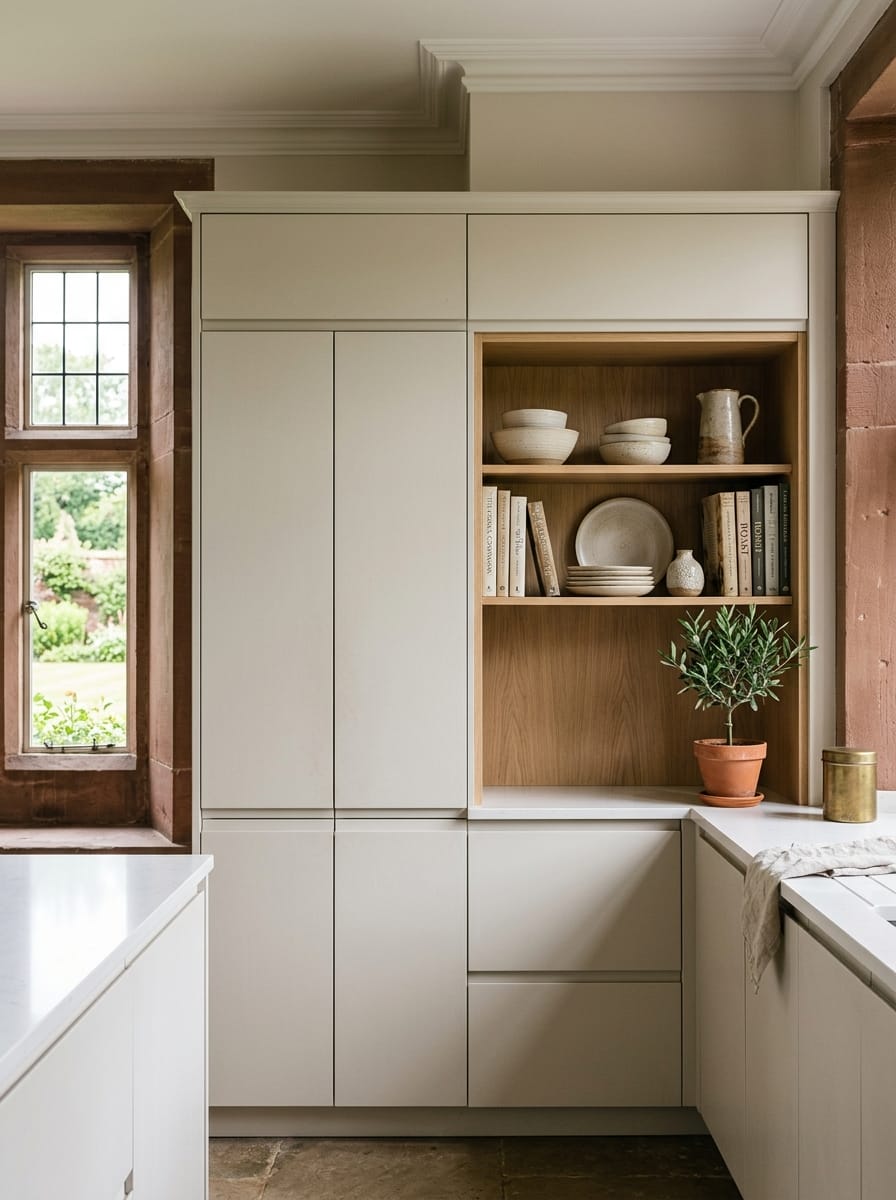 matte cream cupboards with open oak shelf displaying ceramics and books