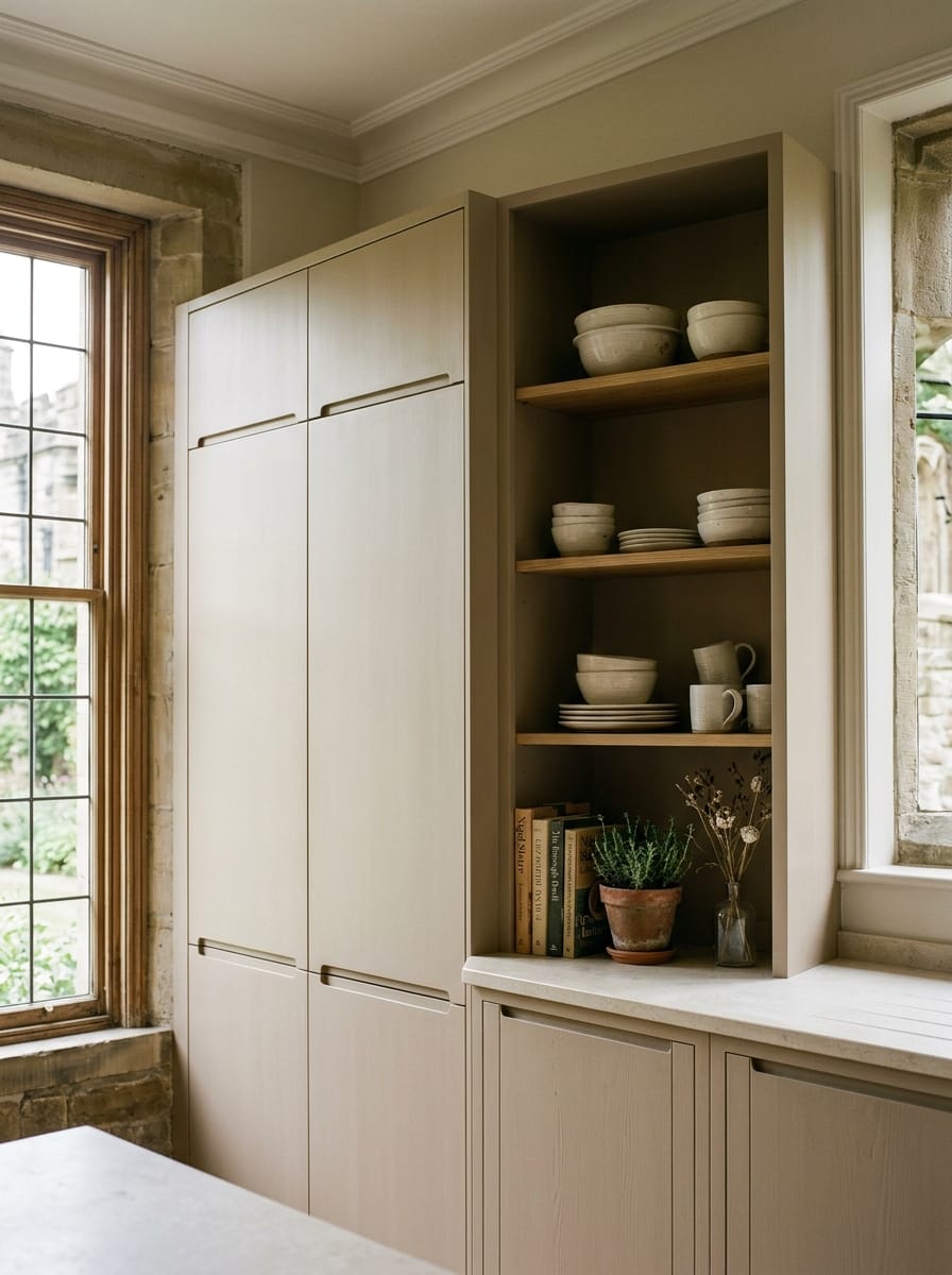 Tall view of full-height bespoke kitchen cabinetry, matt painted handleless slab cabinetry