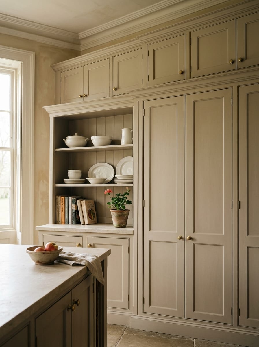 Classic Mastercraft kitchen in warm beige with open shelving and brass knobs