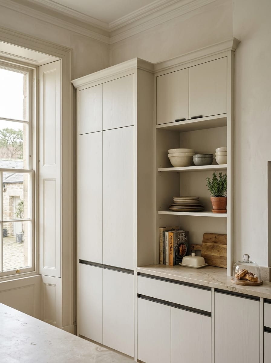 light cream cupboards with open shelves displaying bowls, plates, and cookbooks