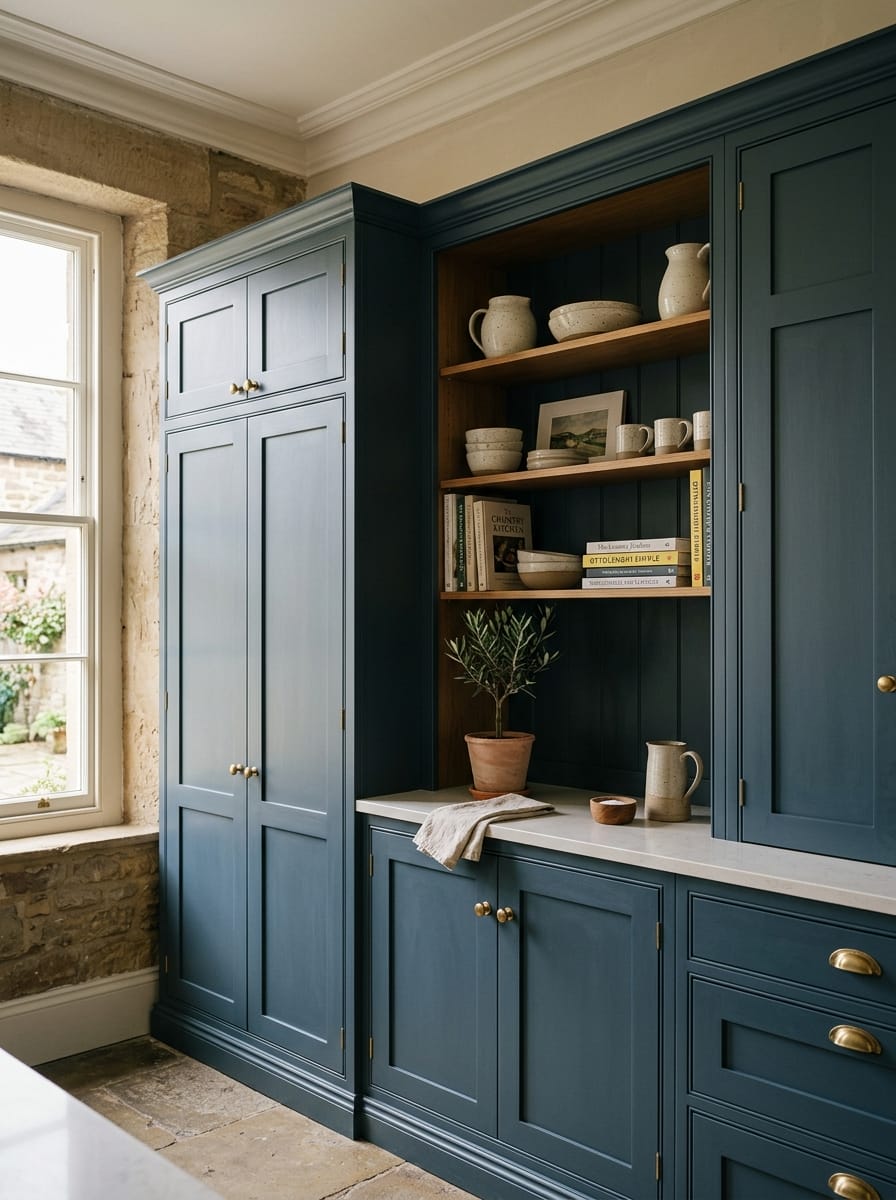 blue shaker-style cupboards with open wooden shelves displaying pottery and books