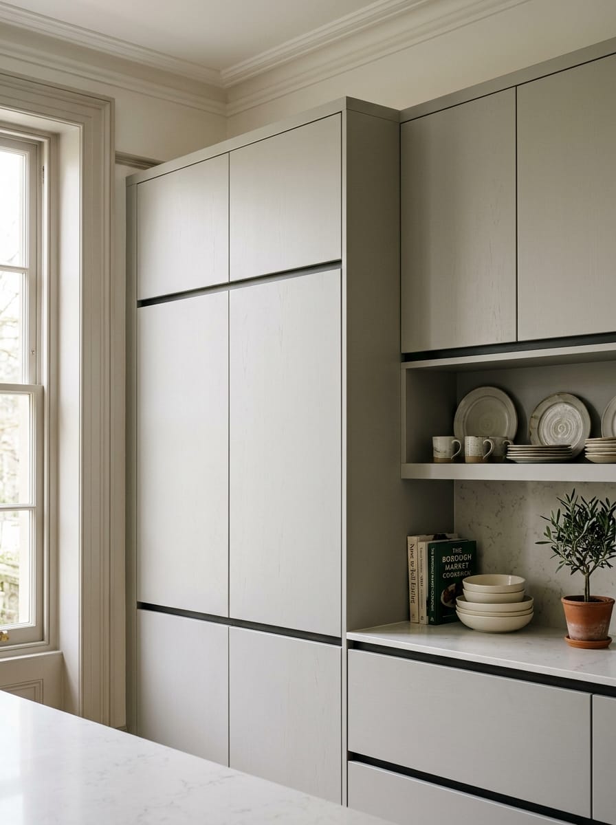 Tall view of full-height bespoke kitchen cabinetry, matt painted handleless slab cabinetry