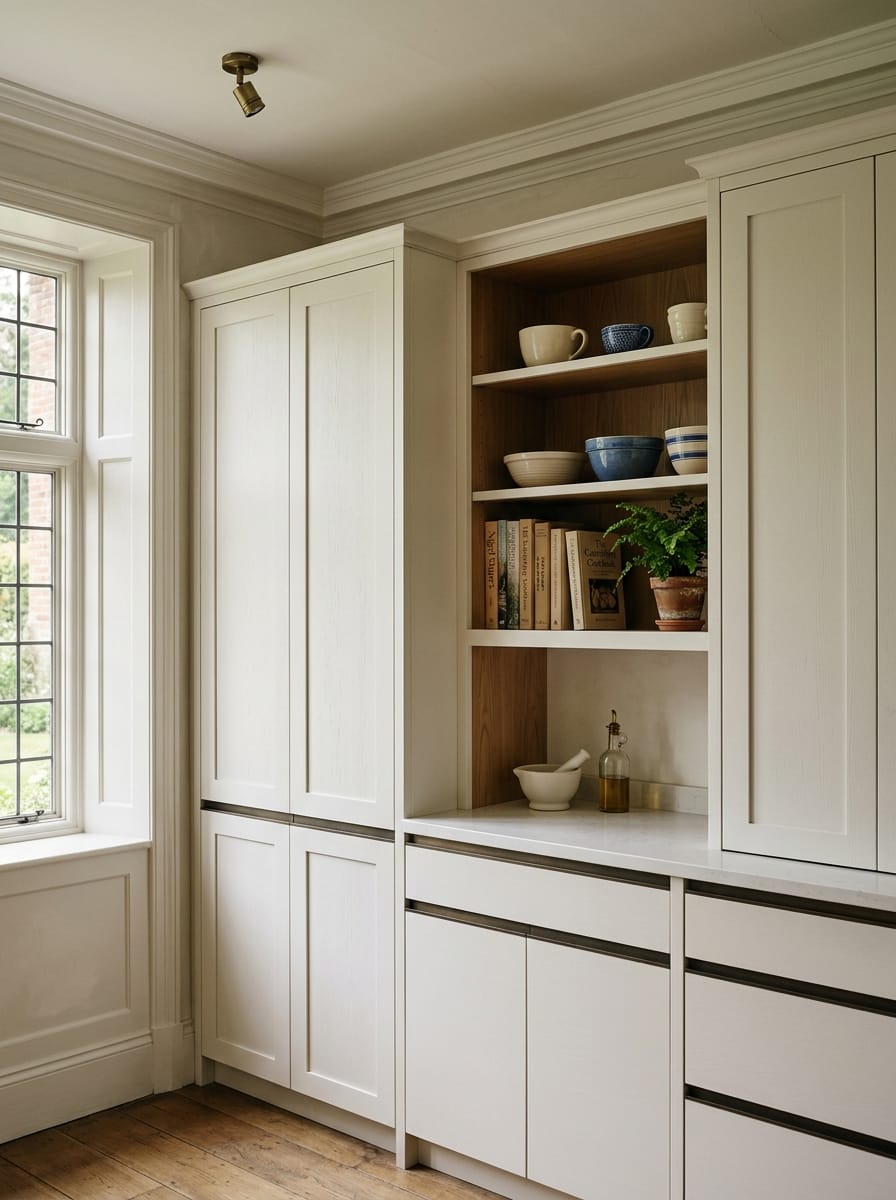 cream shaker cupboards with open shelving displaying bowls, books and a potted plant