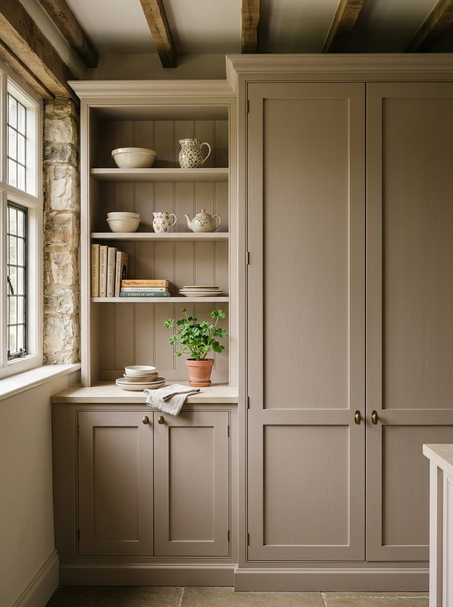 taupe shaker cupboards with open shelving, ceramic jugs and potted plant