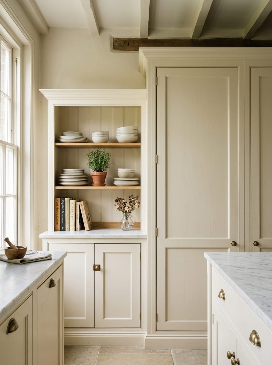 portrait1_600x800-67 cream kitchen with open shelving, white crockery and potted herb plant