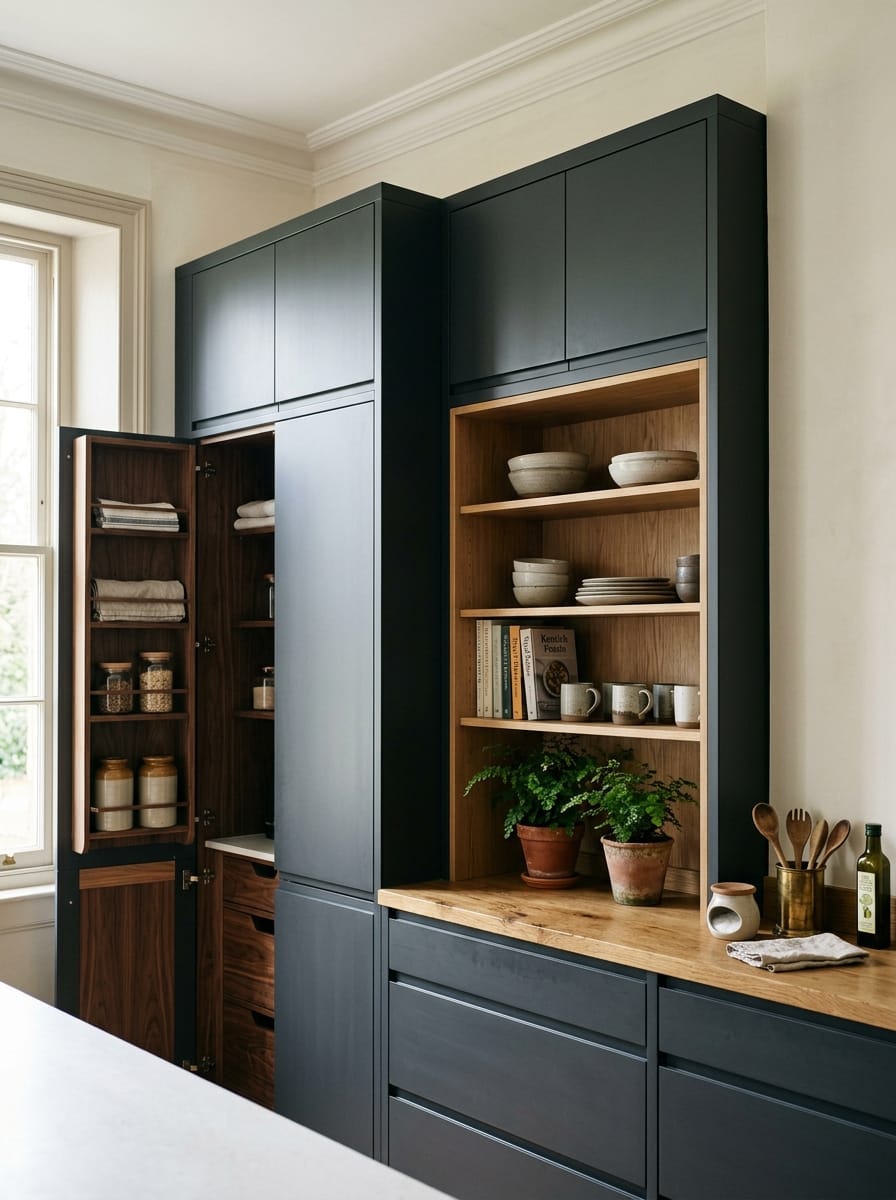 portrait1_600x800-68 Dark matte units with open oak shelving, ceramic bowls and potted plants