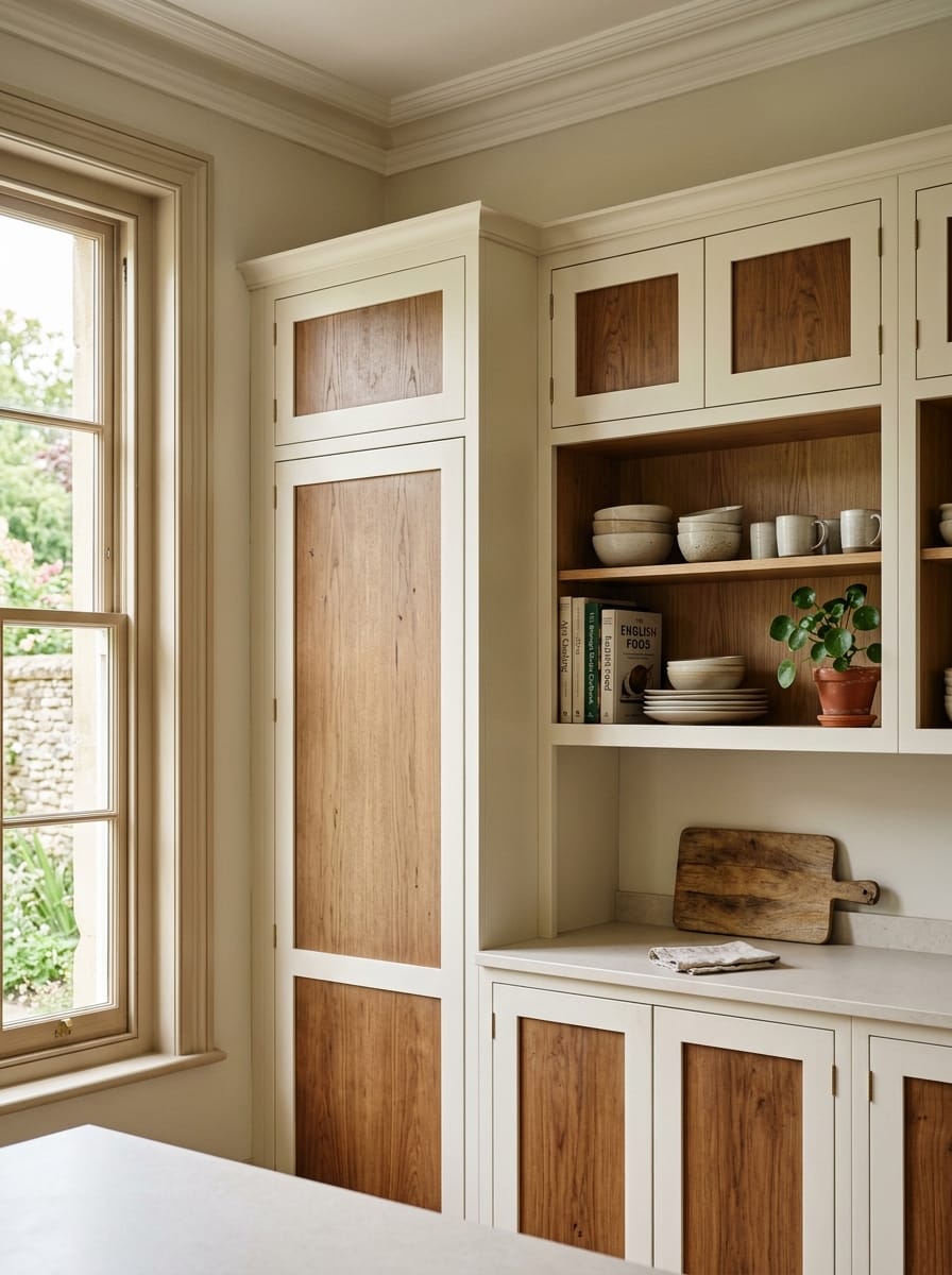 Tall view of full-height bespoke kitchen cabinetry, timber veneer slab-door cabinetry