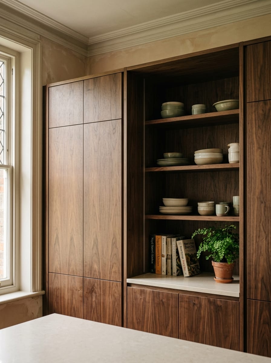 portrait1_600x800-71 dark wood shelves with ceramic bowls, books and a potted plant