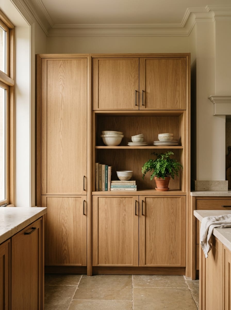 portrait1_600x800-72 light wood cupboards with open shelving, ceramic bowls and a potted plant