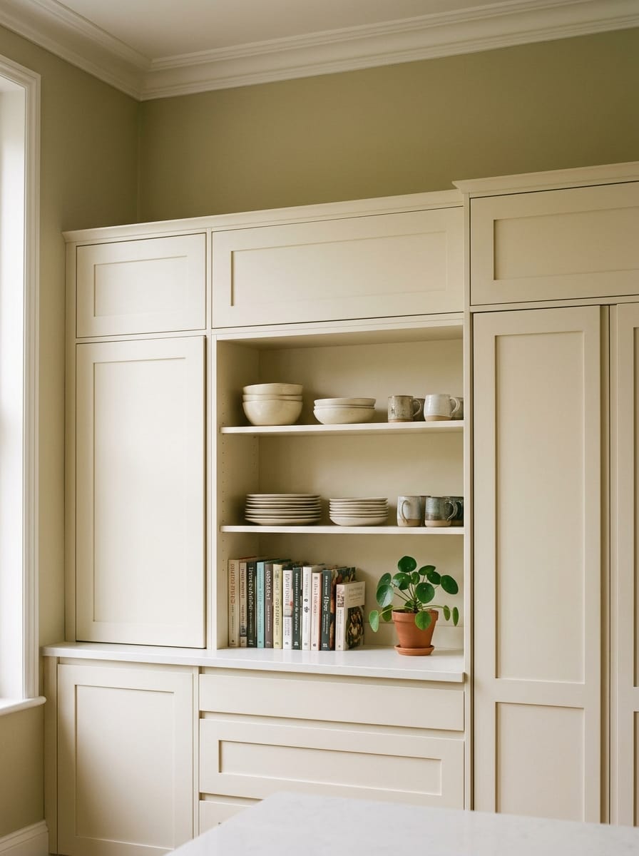portrait1_600x800-73 cream cupboards with open shelves displaying crockery, books and a small plant