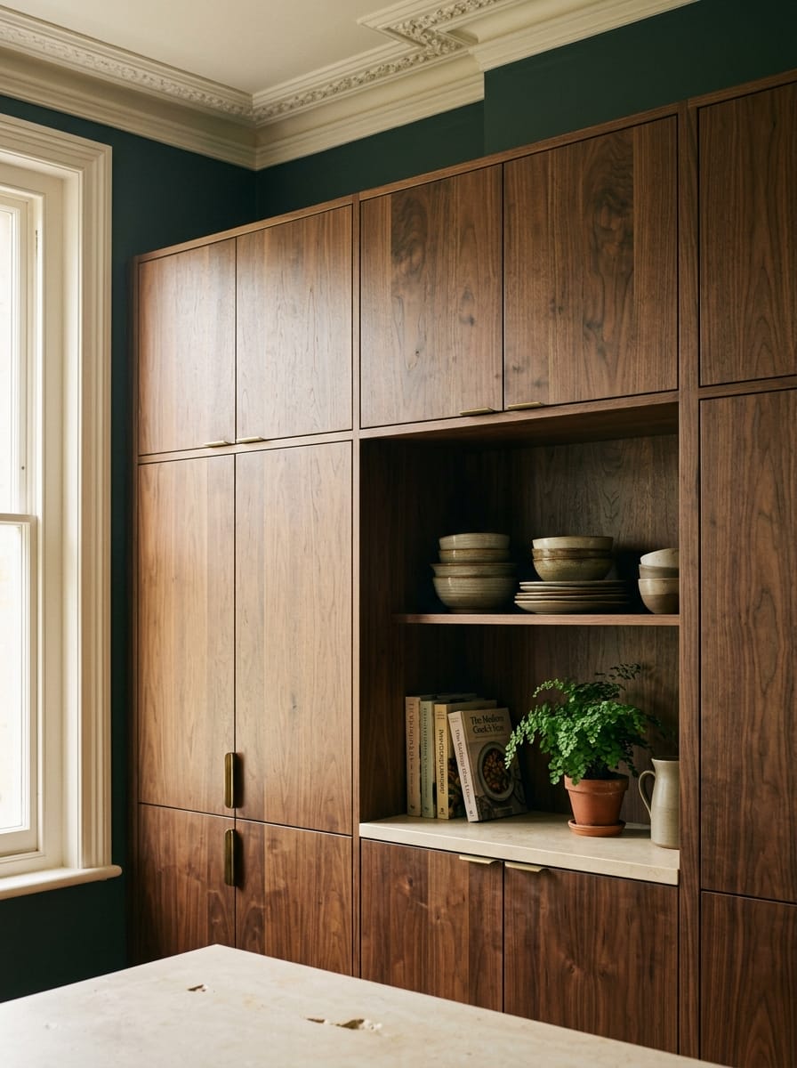 dark wood cupboards with open shelving displaying bowls, books and a potted fern
