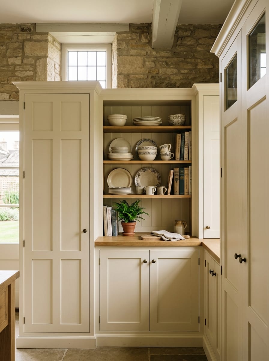 cream shaker cupboards with open wooden shelves displaying crockery and books