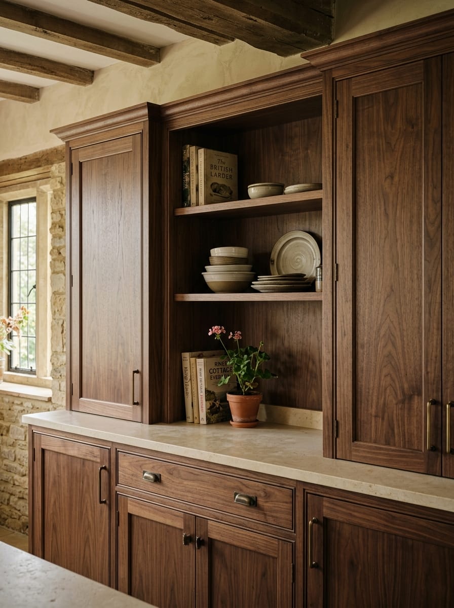 Dark wood kitchen units with open shelving, stone worktop and ceramic bowls