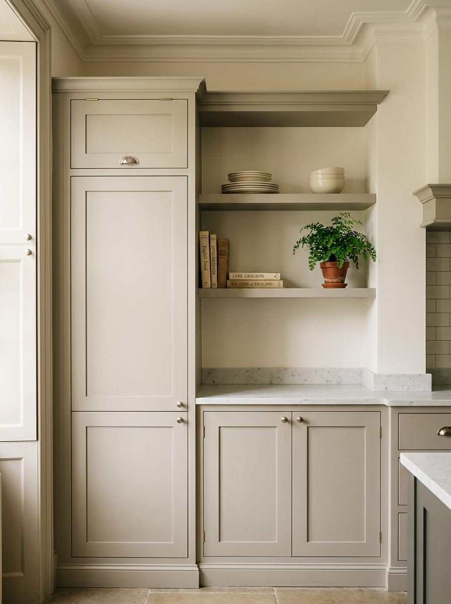 Cream shaker cupboards with marble worktop and open shelves displaying plates and books