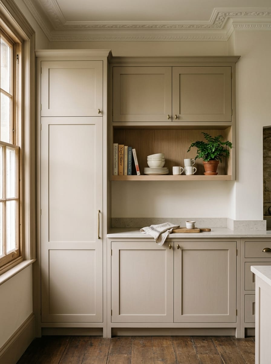 portrait1_600x800-79 Classic Mastercraft kitchen in taupe with open shelving and wooden floorboards