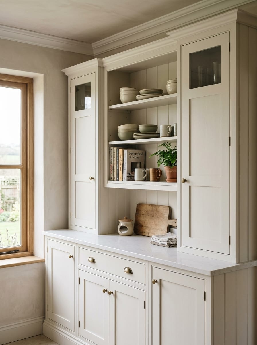 cream shaker-style kitchen dresser with open shelves displaying crockery and books