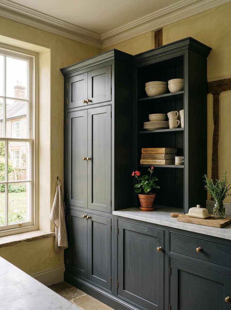 dark grey shaker cupboards with brass knobs and open shelving with cream crockery