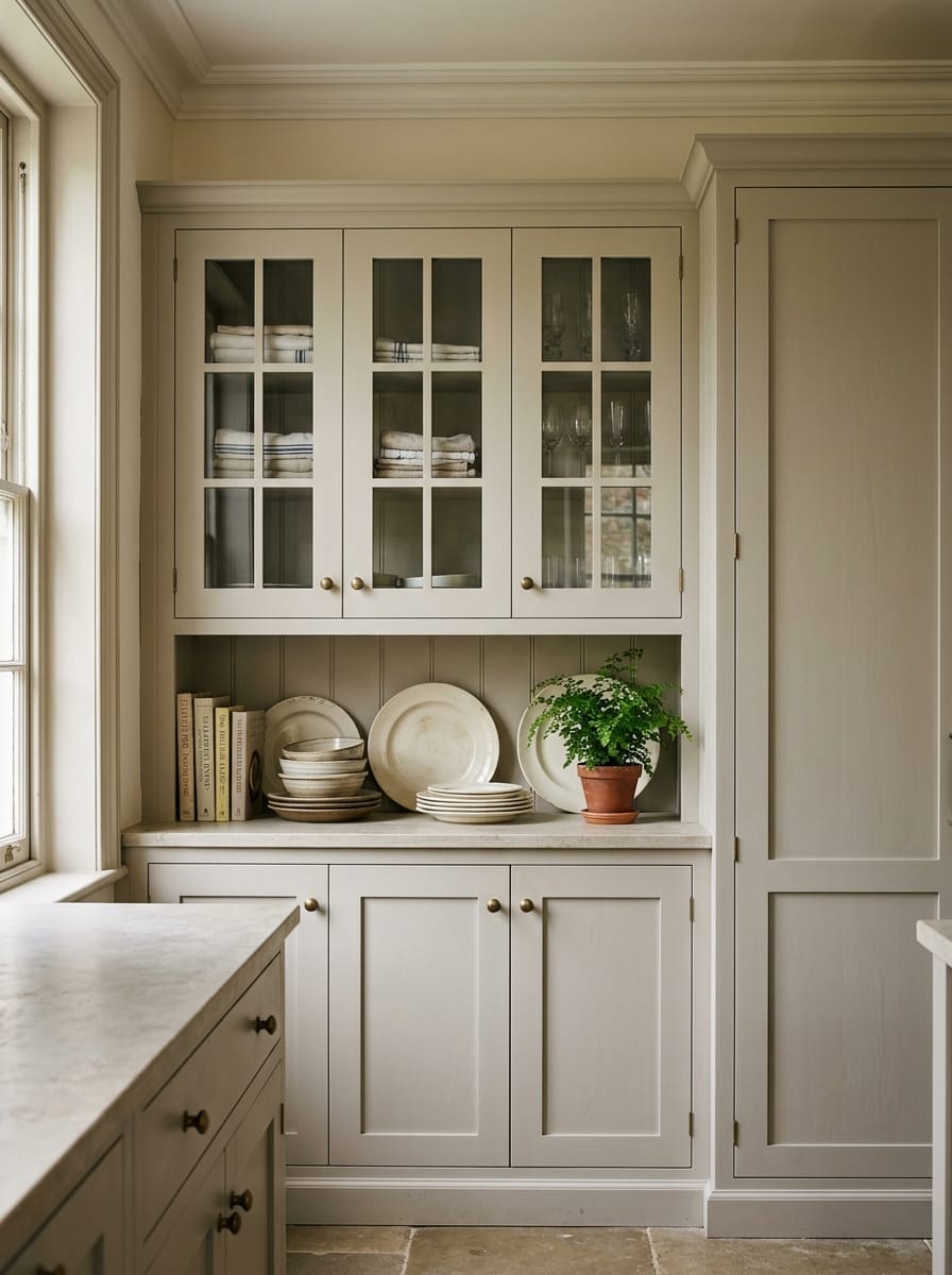 portrait1_600x800-82 cream cupboards with glass doors, stacked plates, books and a potted fern