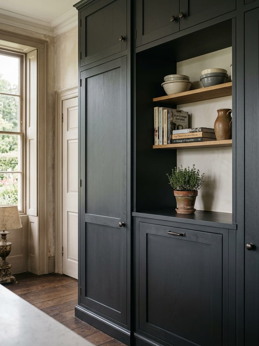dark wood kitchen units with open shelves displaying books and ceramics