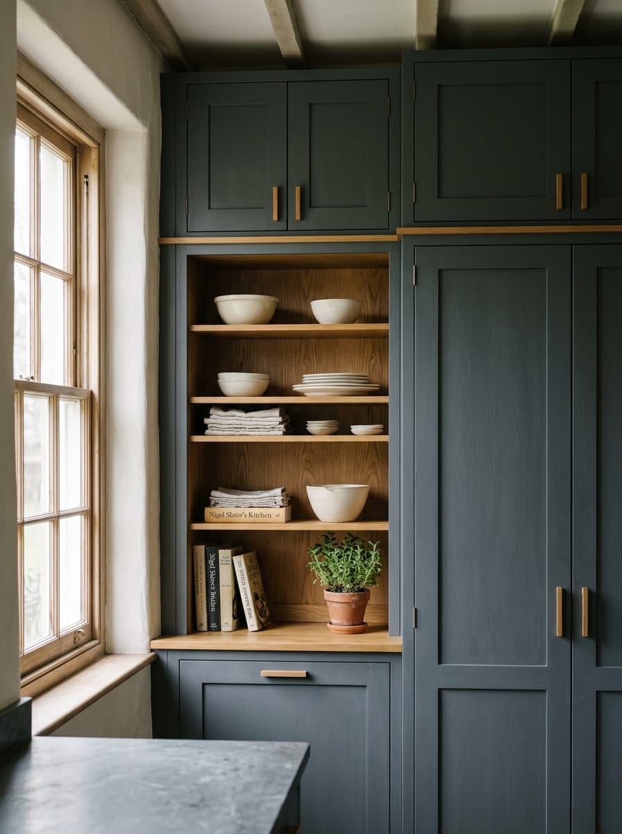 dark blue shaker cupboards with open wooden shelving and ceramic bowls