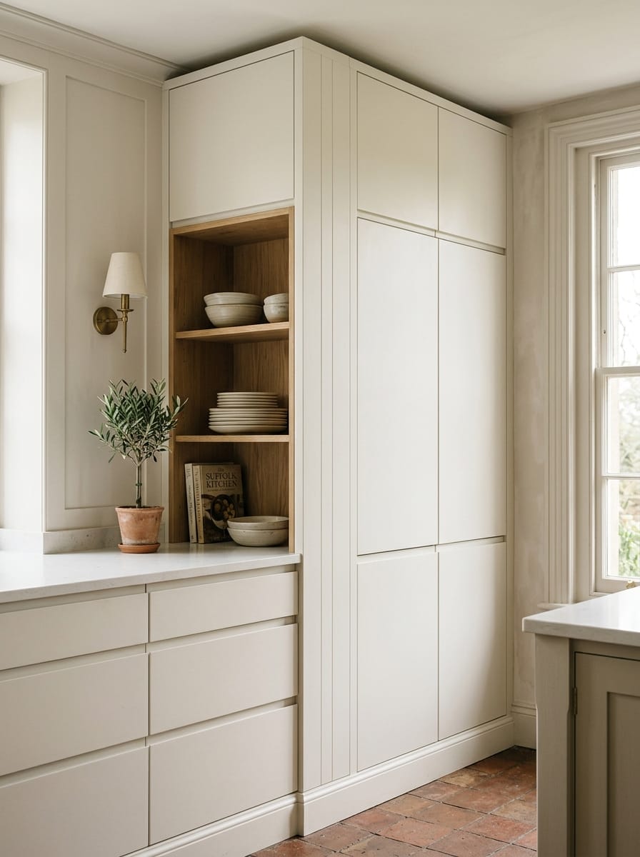 Tall view of full-height bespoke kitchen cabinetry, matt painted handleless slab cabinetry