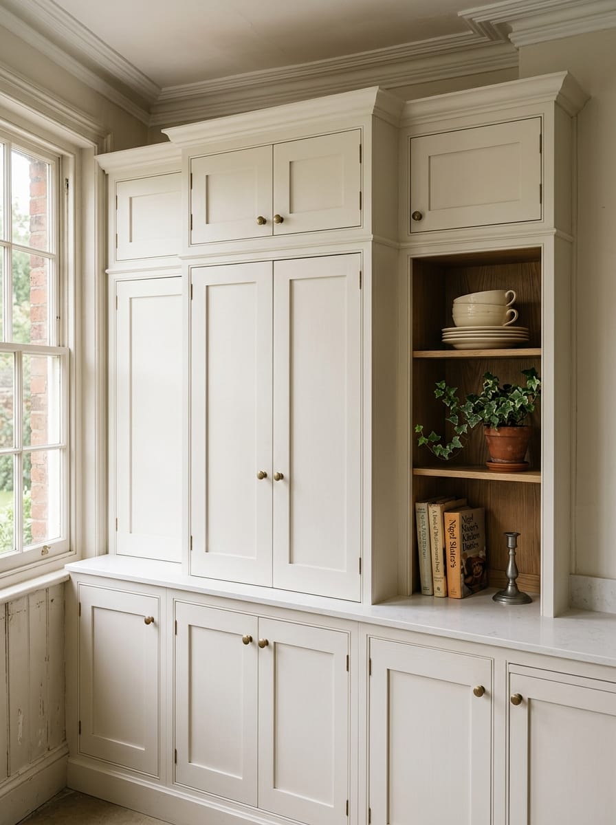 cream shaker cupboards with open oak shelving displaying crockery, books and a plant