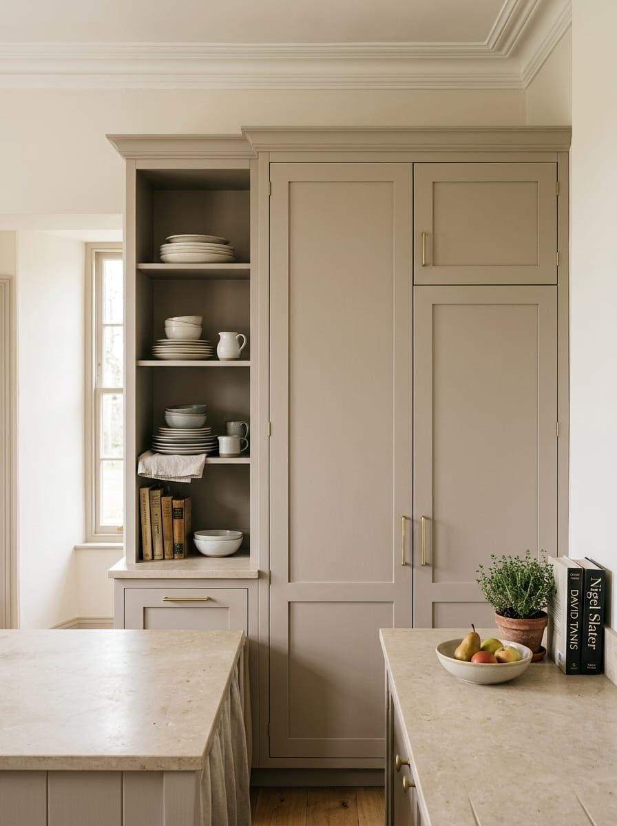 portrait1_600x800-87 light taupe cupboards with open shelving and stone worktops