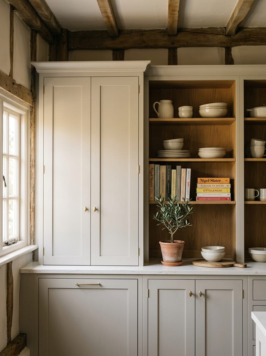 Tall view of full-height bespoke kitchen cabinetry, contemporary painted lay-on cabinetry