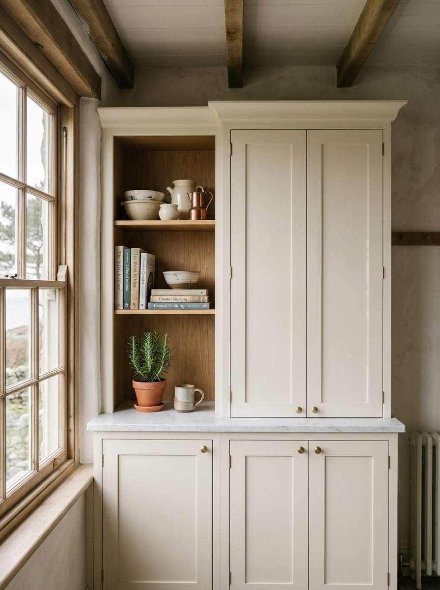 Tall view of full-height bespoke kitchen cabinetry in a Wales home, contemporary painted lay-on cabinetry