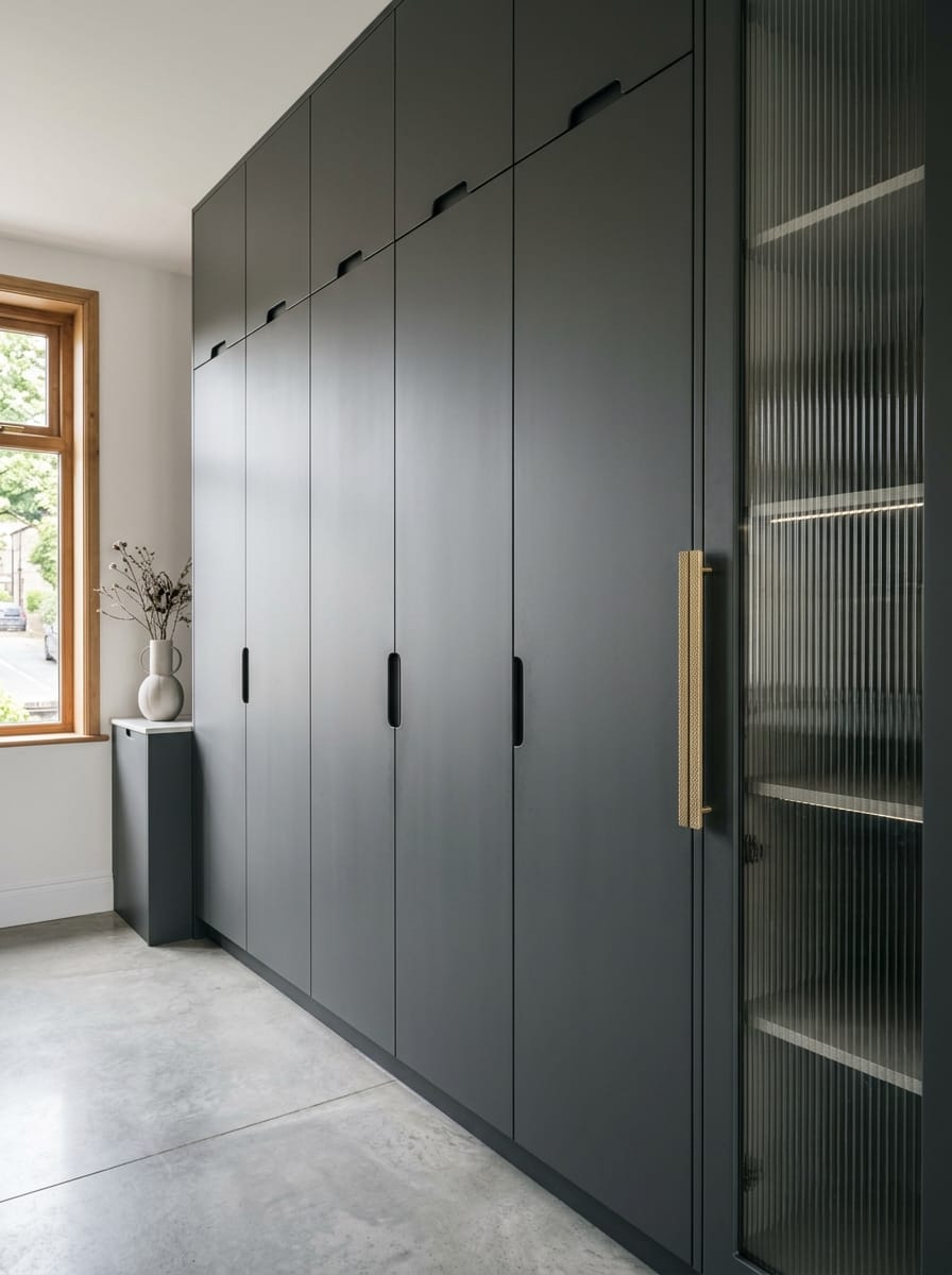 portrait2_600x800-100 Tall matte black cupboards with fluted glass door and gold handle