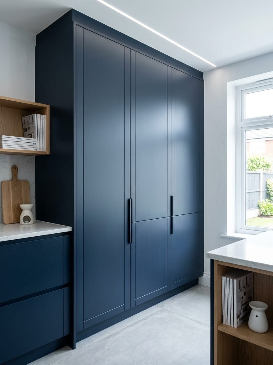portrait2_600x800-101 Matte navy units with slim black handles and open oak shelving in Mastercraft kitchen