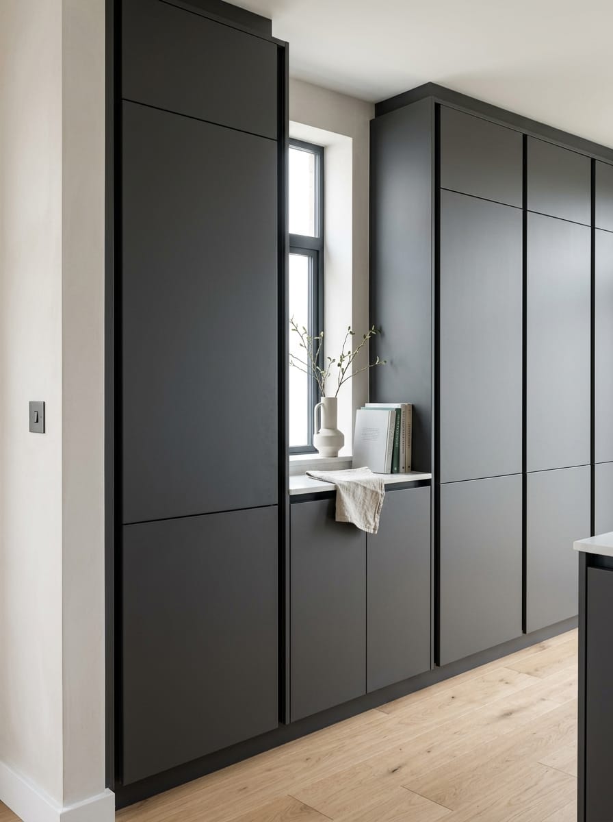 Matte dark grey cupboards with handleless doors and light wood flooring