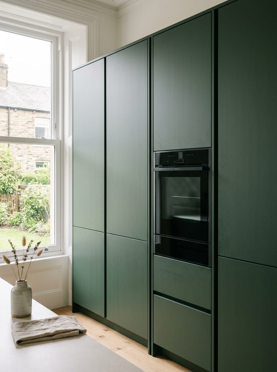 matte green tall cupboards with built-in black oven beside large window