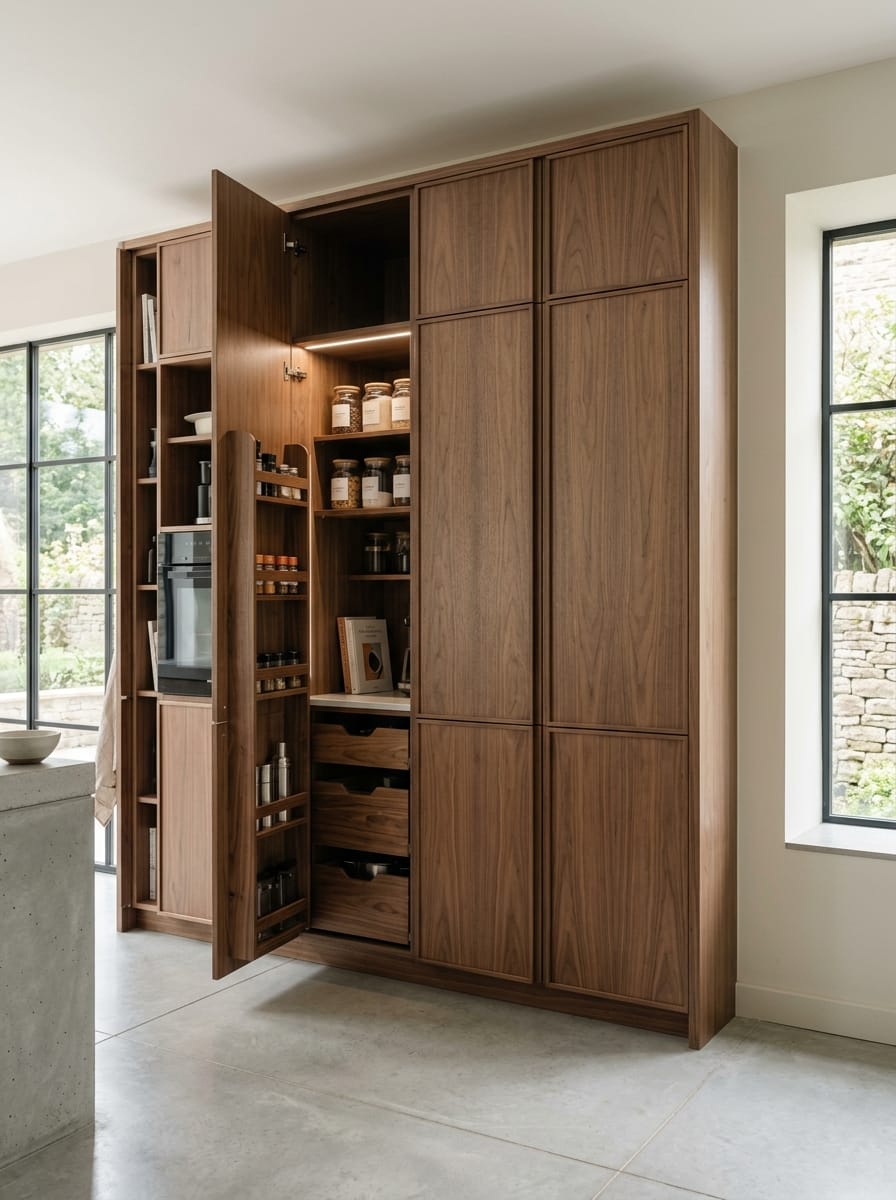 portrait2_600x800-105 Walnut wood kitchen pantry with open doors revealing shelves and spice racks