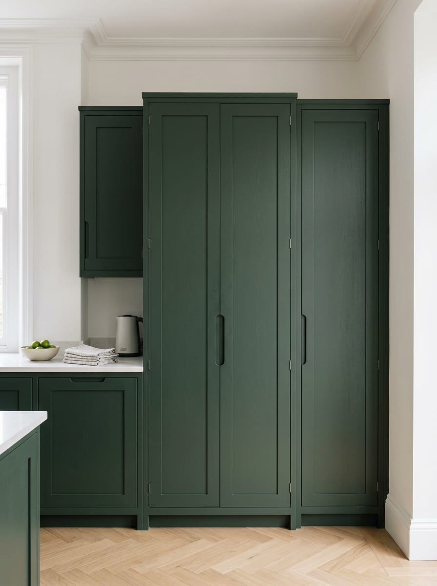 dark green shaker-style cupboards with integrated handles and pale herringbone floor