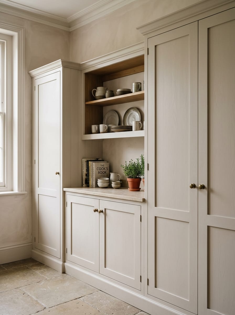 cream shaker cupboards with open wooden shelves displaying ceramics and books