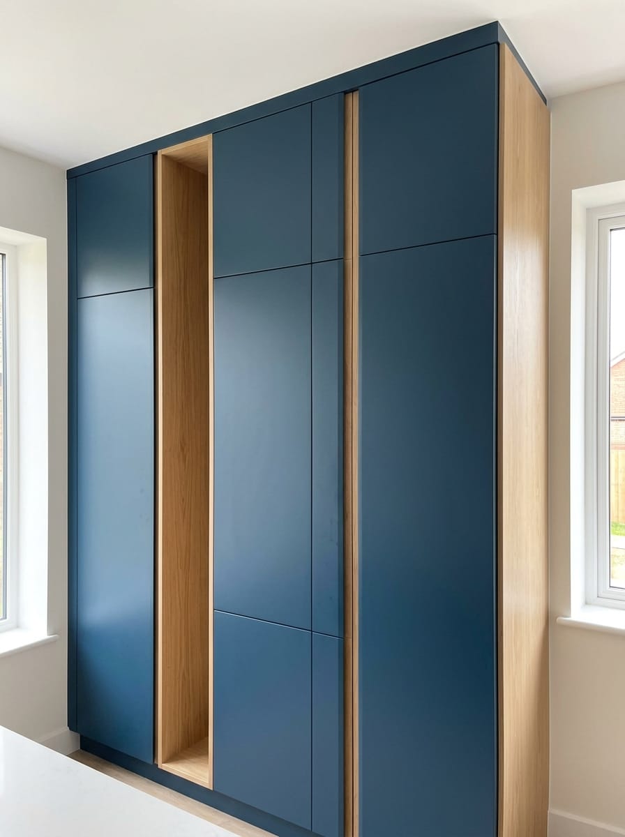 portrait2_600x800-111 Tall blue wardrobe with wood accents and open vertical shelf