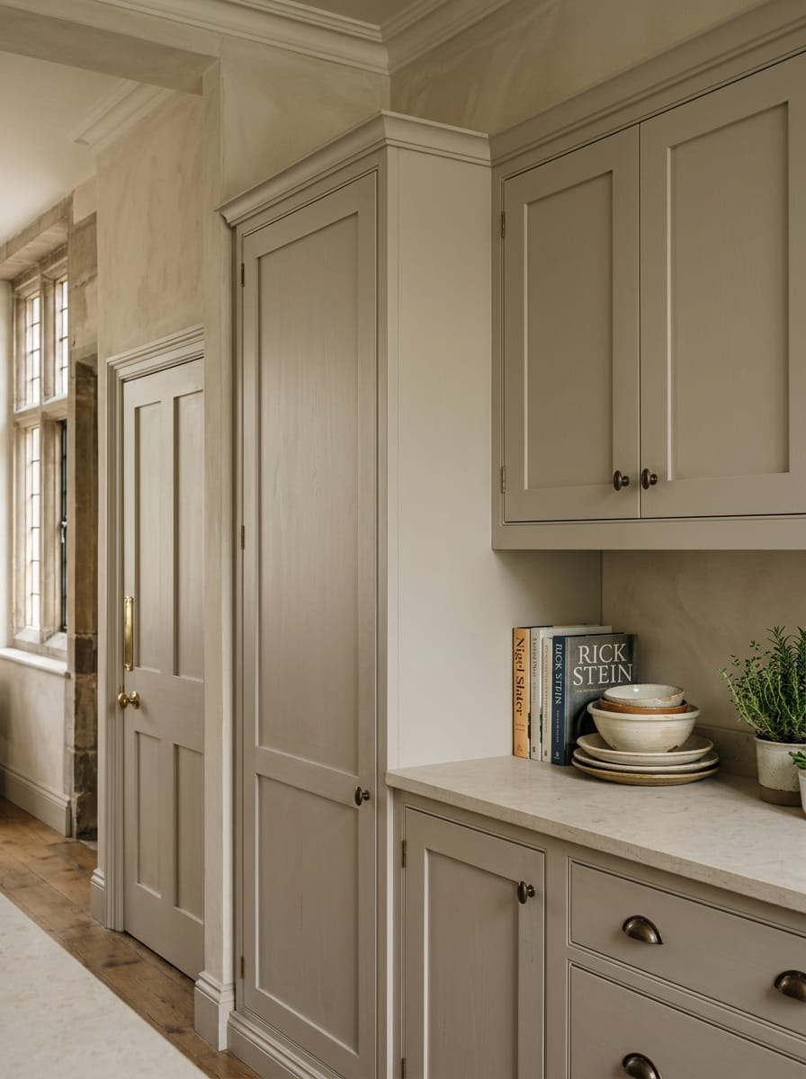 Shaker style cupboards in muted beige with stacked bowls and potted herbs