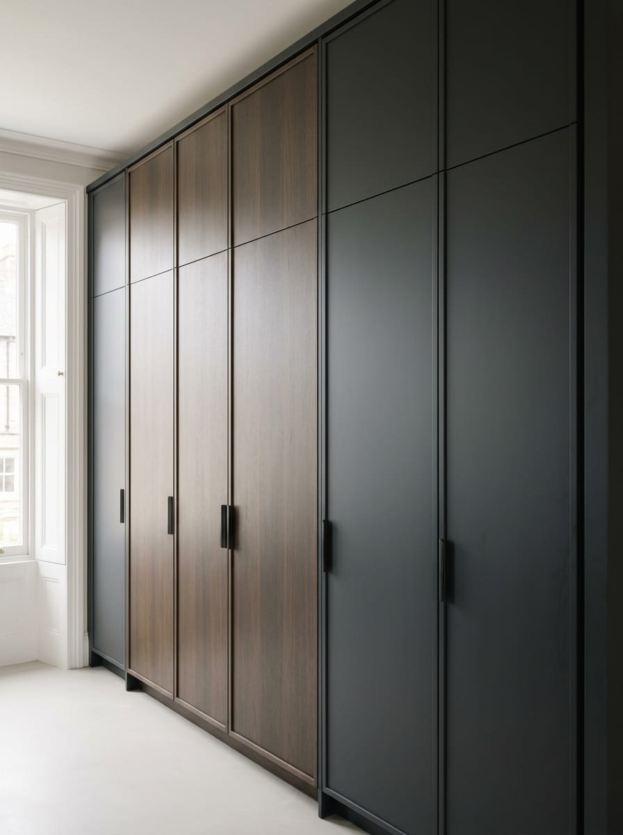 portrait2_600x800-120 tall wardrobes with matte black and wood grain doors, black handles