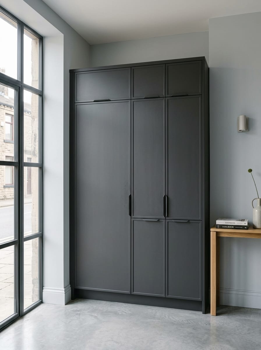 Tall matte black cupboard with minimalist handles beside large window