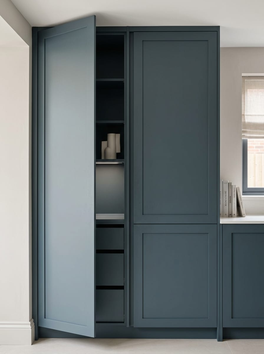 portrait2_600x800-124 matte blue tall cupboard with open door revealing shelves and vases