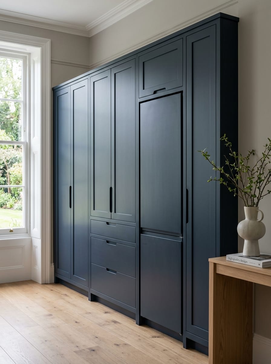 portrait2_600x800-125 tall matte navy cupboards with slim handles beside a large window