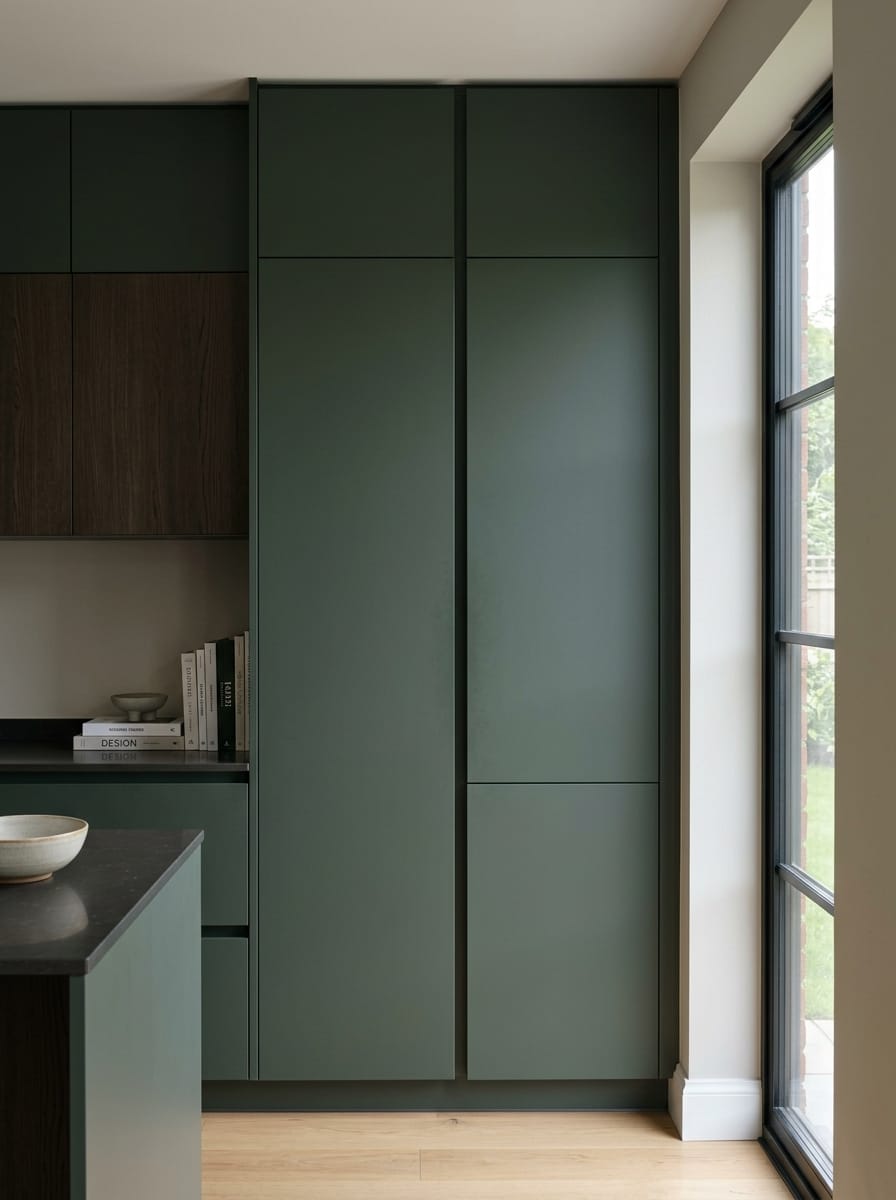 matte green tall cupboards beside large window and wood floor