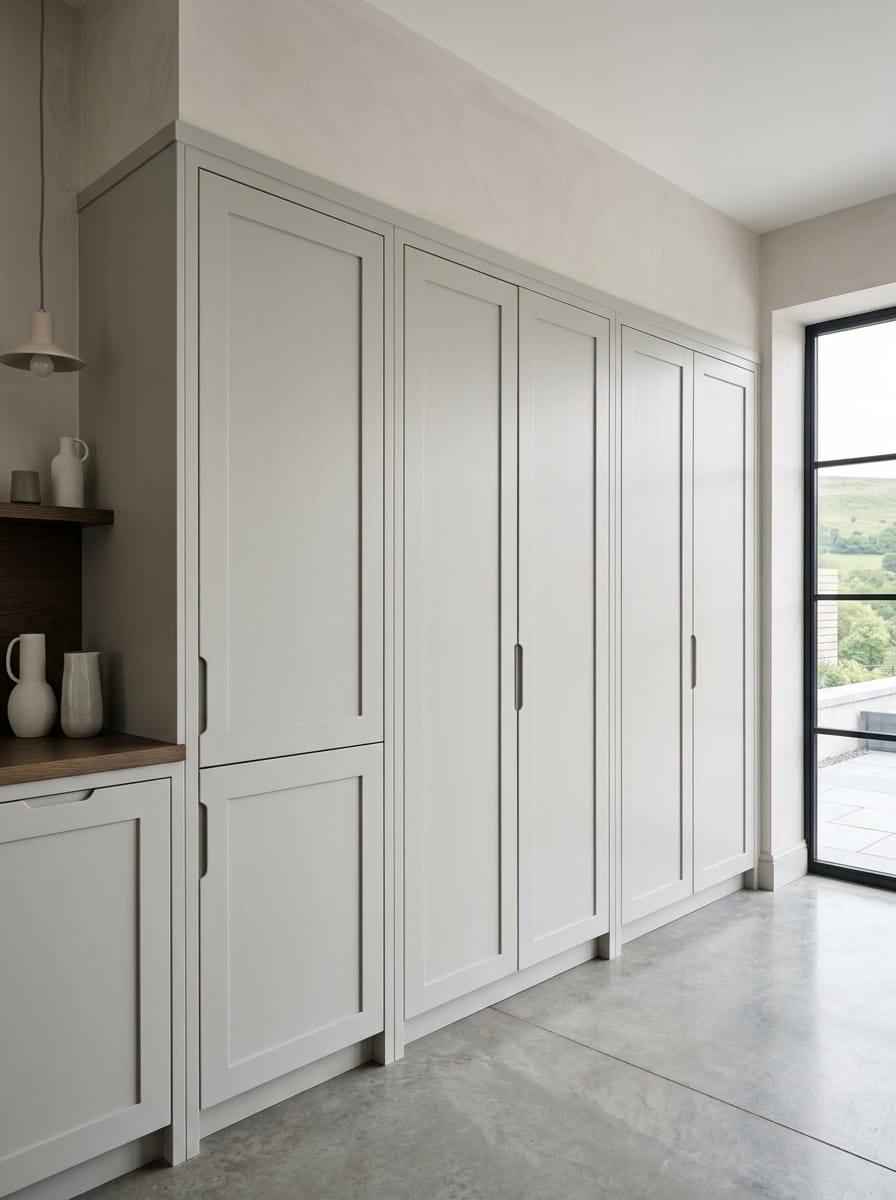 Pale grey shaker-style tall units beside large window in Mastercraft kitchen