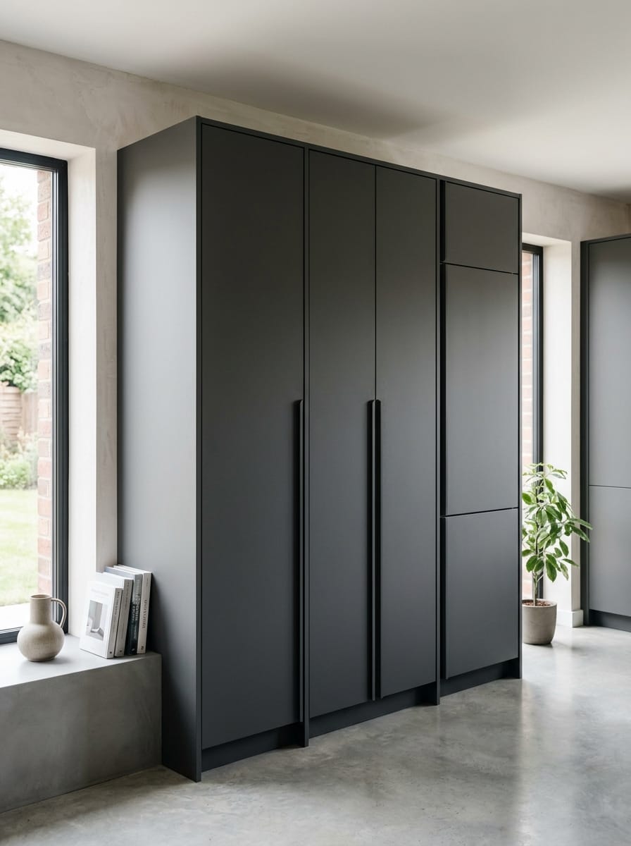 matte black tall cupboards with long vertical handles and minimalist design